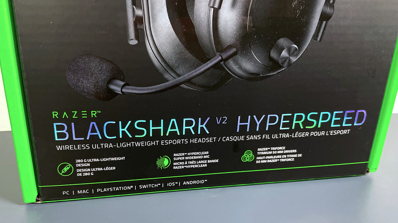closeup of the front of the BlackShark V2 HyperSpeed headphones packaging