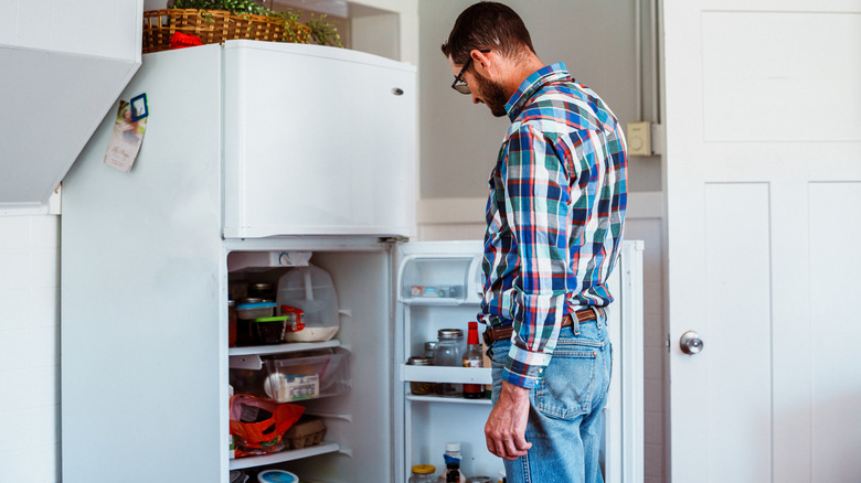 Person looking into a refrigerator in a garage