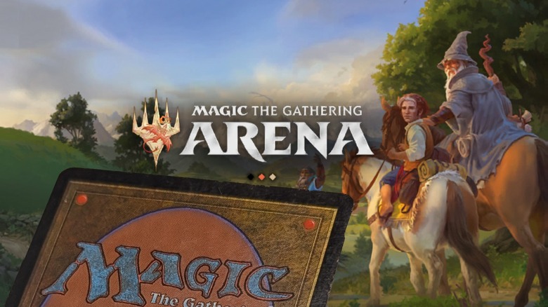 Magic The Gathering Card on top of MTG Arena loading screen.