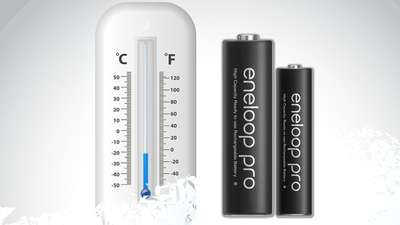 Two Eneloop Pro batteries next to a thermometer showing a cold temperature