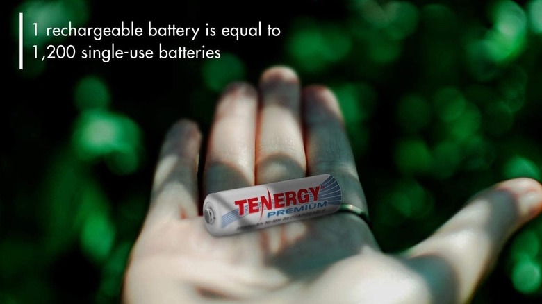 Hand holding a Tenergy battery, text says 1 battery is equal to 1,200 single-use batteries.