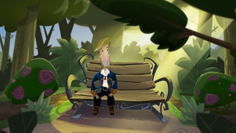 GuyBrush Threepwood sitting quietly on a bench