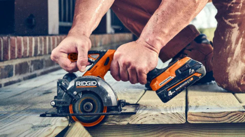 A shot of the Ridgid Nuke circular saw in action