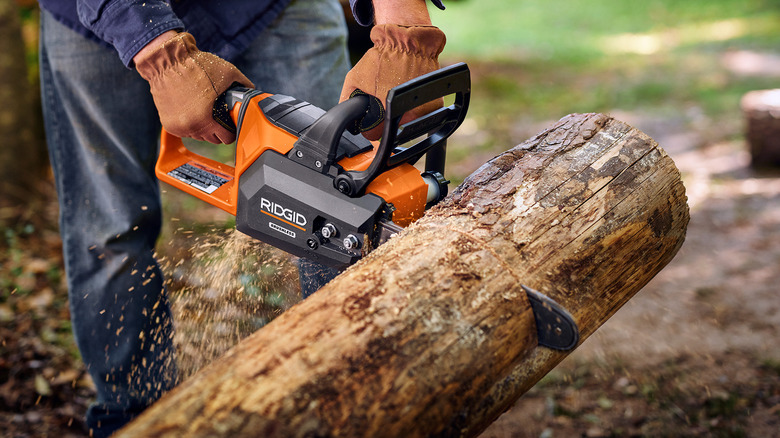 Ridgid chainsaw in use