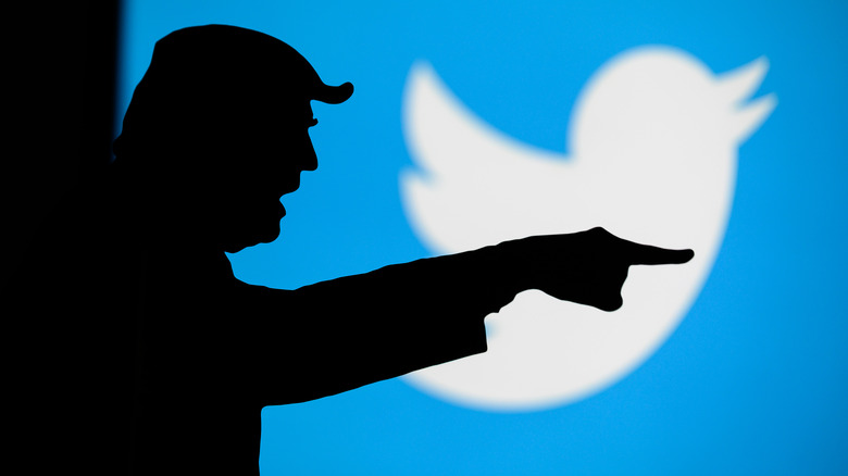 A silhouette of Donald Trump against Twitter logo backdrop.