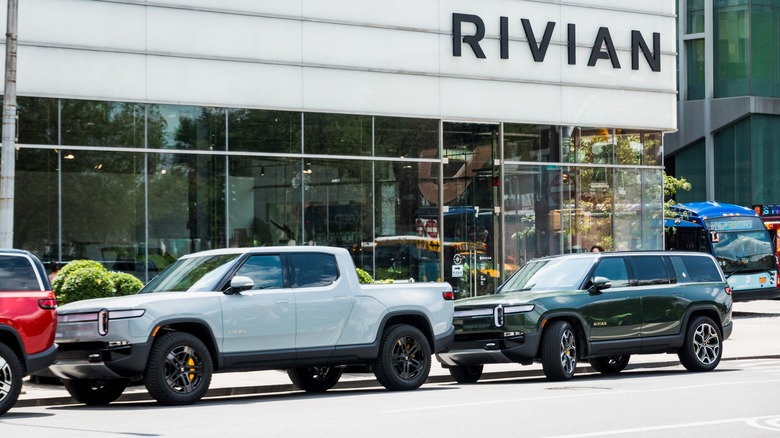 Rivian SUVs outside showroom New York