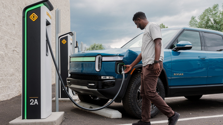 Rivian R1T plugged in charging