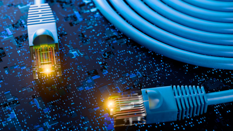 A blue Ethernet cable with a close up of two RJ45 connectors next to each other, placed on electronic looking background