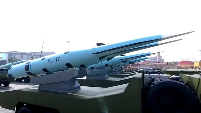 Several YJ-17 hypersonic anti-ship missiles on display during China's 2025 Victory Day Parade