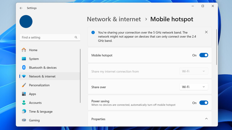 Mobile hotspot setting on Windows 11 computer