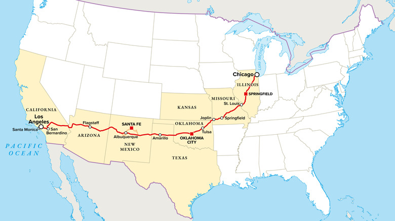Map illustrating U.S. Route 66 from Chicago, Illinois, to Santa Monica, California.