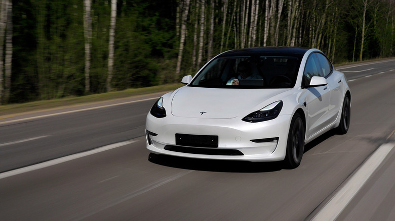 Tesla with marked highway lanes