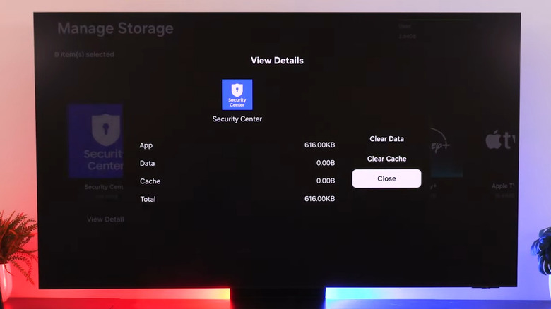 Samsung TV showing clear cache and data options