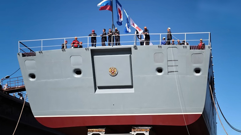 Stern of the Russian frigate Admiral Amelko on a shipyard slipway