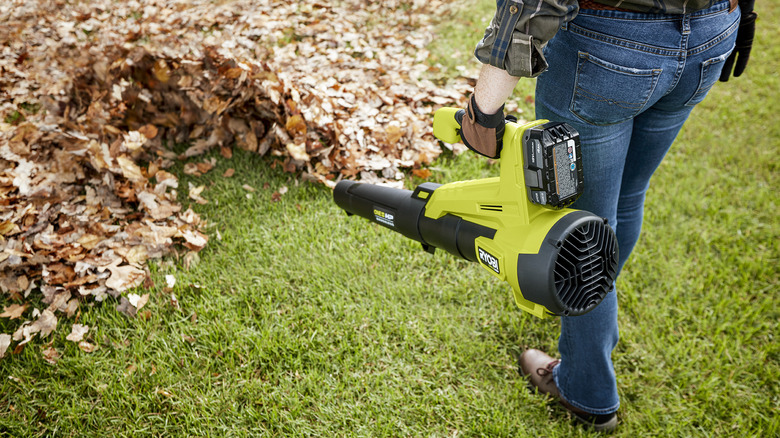 person using ryobi 18V leaf blower