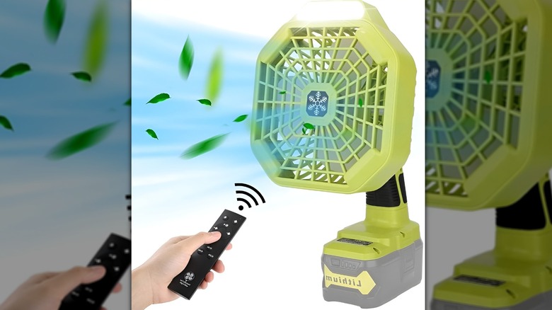 Hand with remote control turning on Taingwei fan on white background