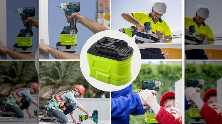 Collage of Ryobi battery adapters on Makita tools