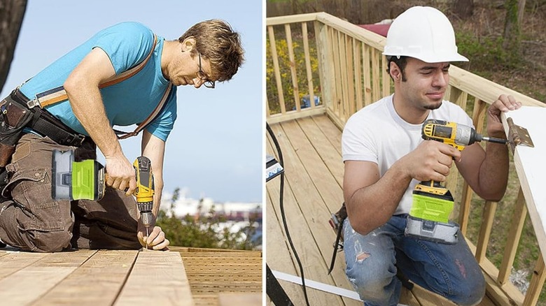 Two images of workers using Ryobi adapters on DeWalt tools