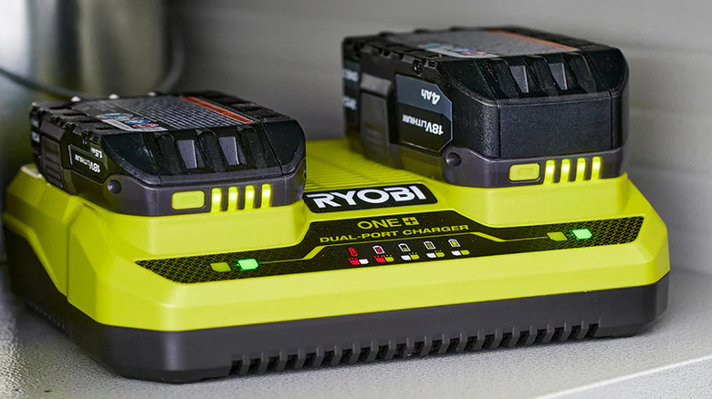 Two batteries charging in the Dual-Port Simultaneous Charger by Ryobi