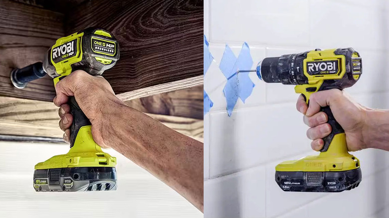 Ryobi impact driver and hammer drill drilling into wood and tile