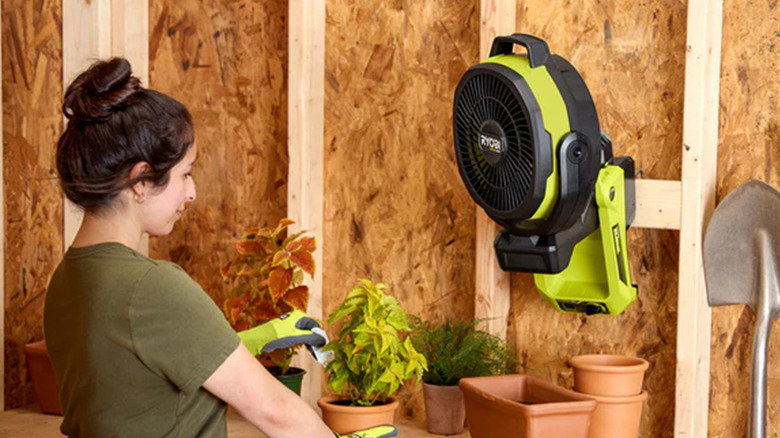 Ryobi 18V One+ fan installed on a wall