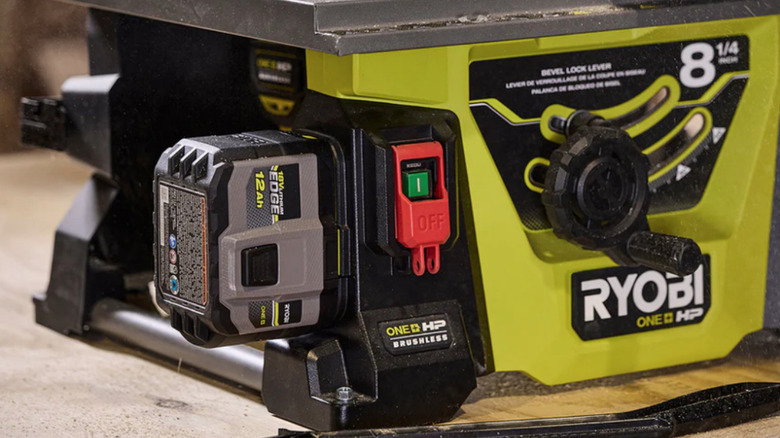 Ryobi 18V Edge One+ battery, 12Ah version, installed on a Ryobi table saw