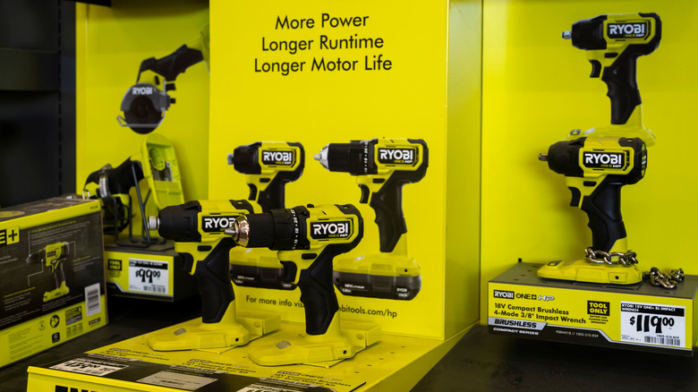 Ryobi drills in shop display