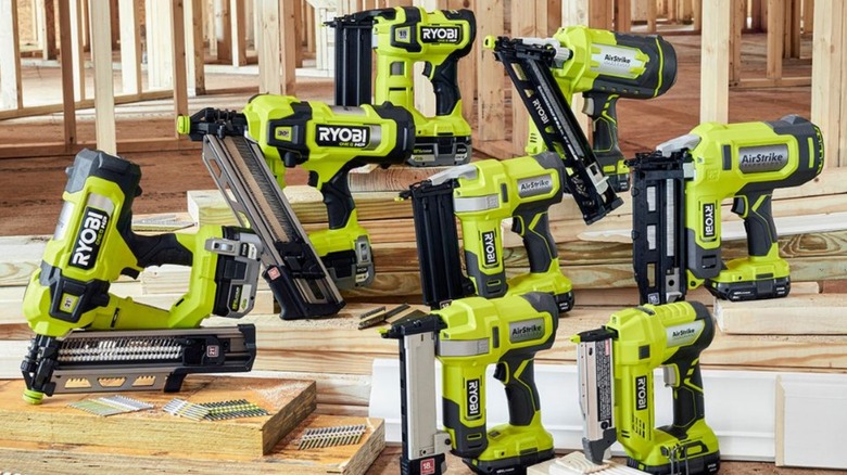 Ryobi nail guns on display in work site