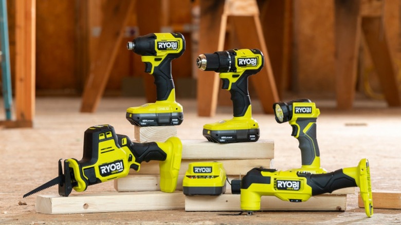 several Ryobi power tools on a jobsite