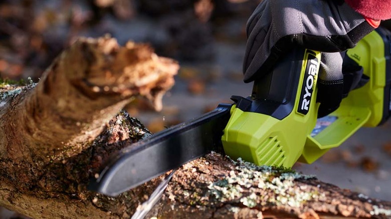Ryobi chainsaw used to cut wood