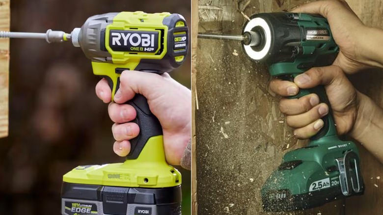 Side-by-side of Ryobi and Masterforce impact drivers working on wood