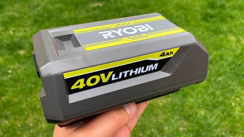 A top side view of a rechargeable Ryobi 40V 4.0 Ah Lithium-Ion Battery