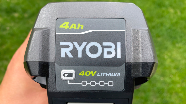 A front view of a rechargeable Ryobi 40V 4.0 Ah Lithium-Ion Battery