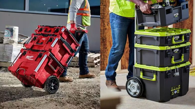 people with a Milwaukee rolling tool box and Ryobi rolling tool box
