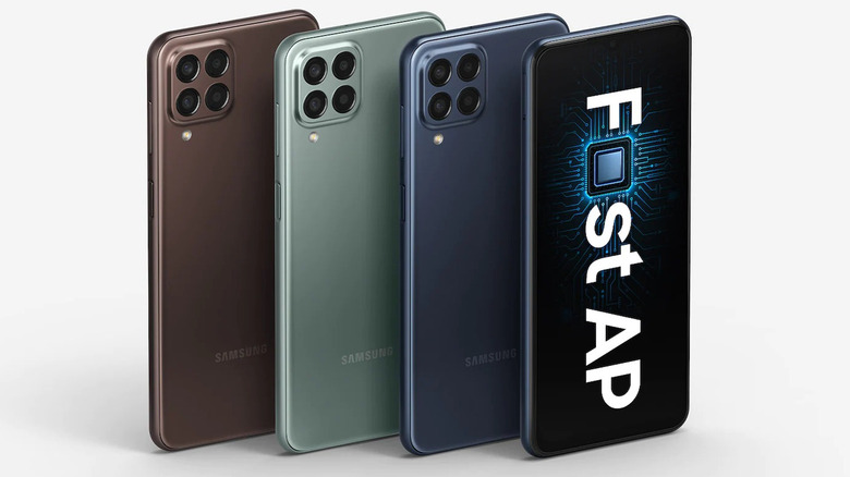 The Samsung Galaxy M33 5G in three color variants.