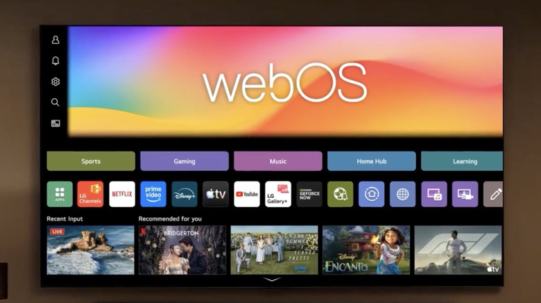 LG webOS homepage on an LG TV mounted on a wall