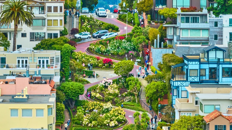 Visitors and cars on San Francisco's Lombard Street.
