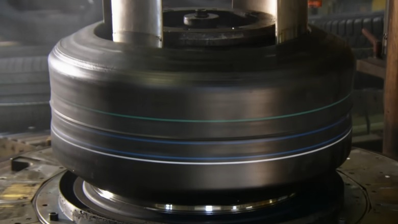 A tire in the final stages of construction.