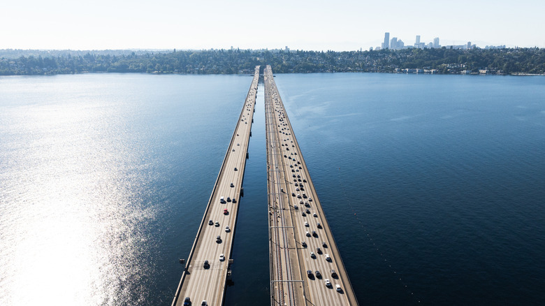Work on the light rail track plinths on the I-90 floating bridge for the 2 Line Link connection to Seattle