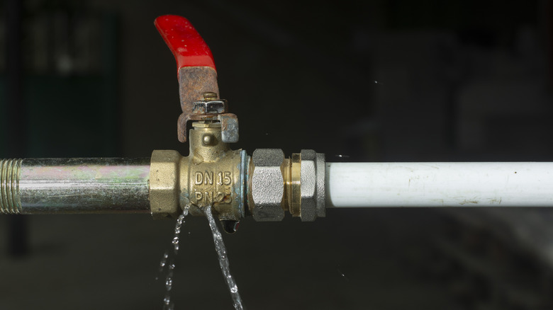 Pipe leaking water below a red valve handle