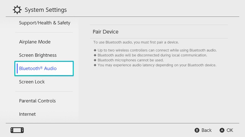 Bluetooth Audio options in system settings.