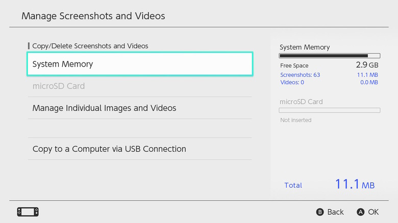 Manage Screenshots and Videos screen in System Settings.