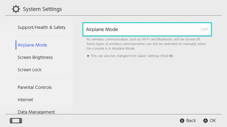 A screenshot of the Airplane Mode settings on Nintendo Switch.