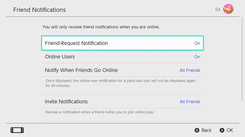Friends notifications menu in system settings.