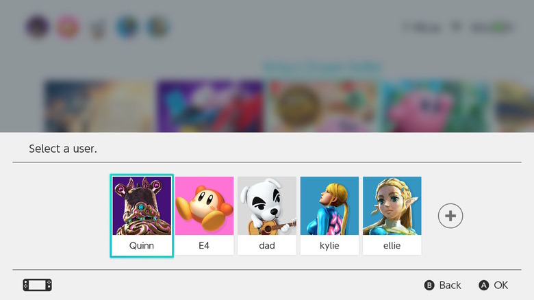 Select a user screen on Nintendo Switch