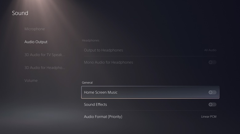 PS5 home screen music and sound effects settings