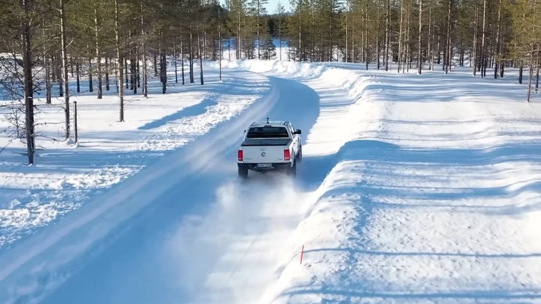 RWD pickup being tested on a track covered in snow.