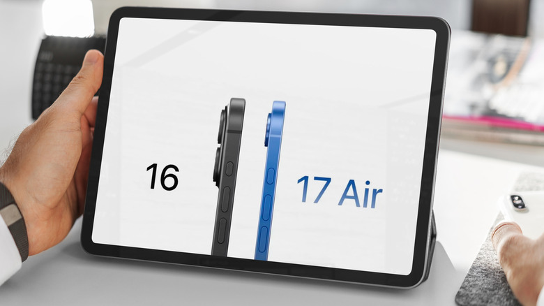 a faceless man is comparing the iphone 16 to an iphone 17 air on a tablet