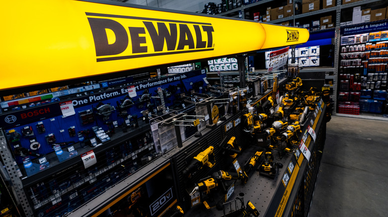 A DeWalt tools display at a Lowe's store.