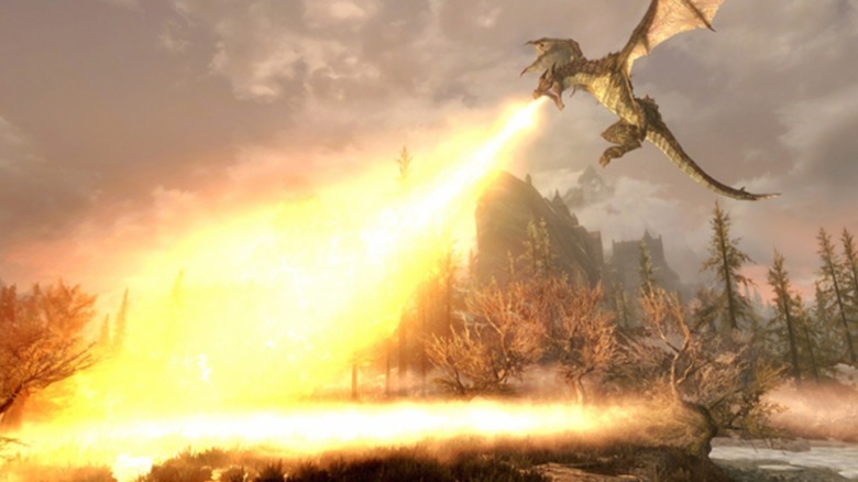 Dragon breathing fire in Skyrim 